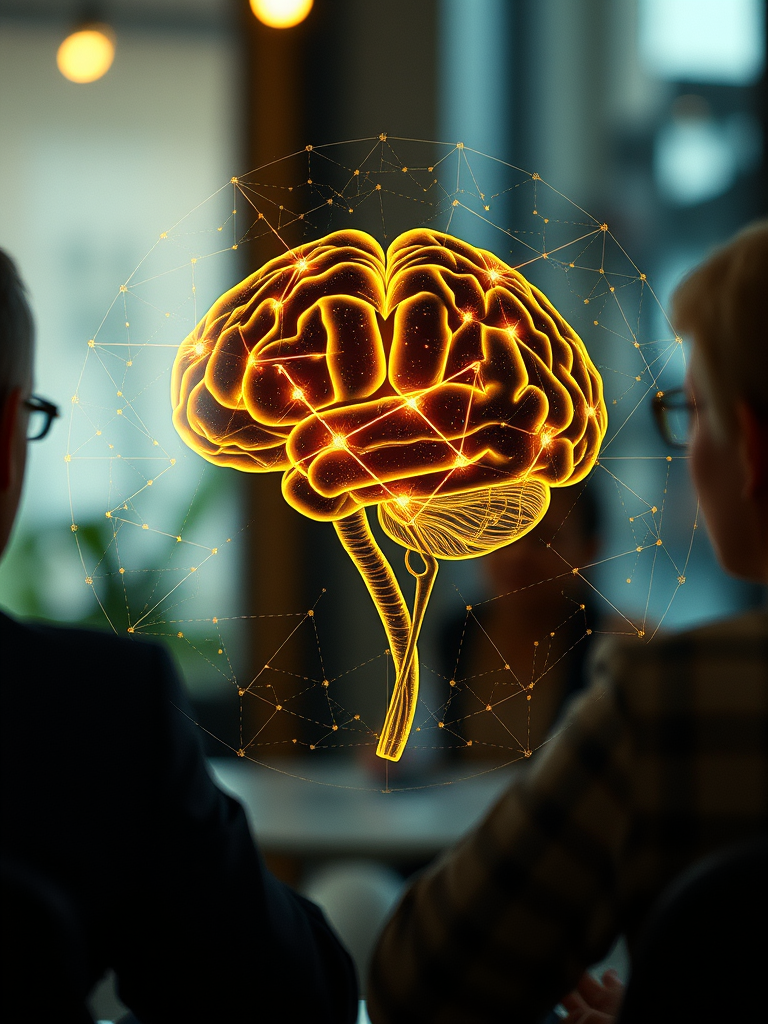 people in a coaching session, brain imagery, or abstract communication symbols, related to NLP coaching, without any aged hands